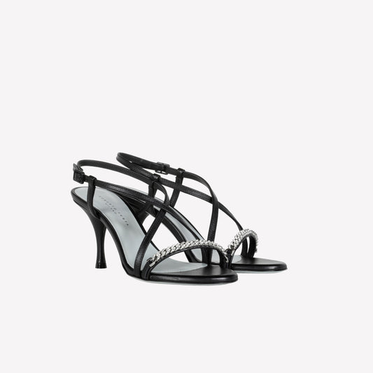 BLACK LEATHER SANDAL WITH CROSSOVER AND CRYSTAL CHAIN HYDEN LUX - NO DISCOUNT | Roberto Festa