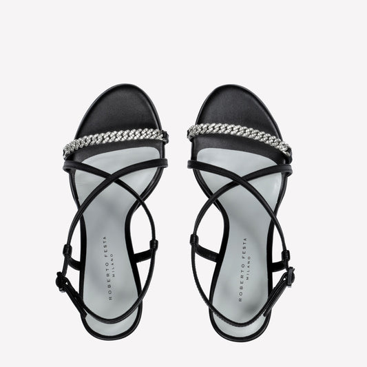 BLACK LEATHER SANDAL WITH CROSSOVER AND CRYSTAL CHAIN HYDEN LUX - Nero | Roberto Festa