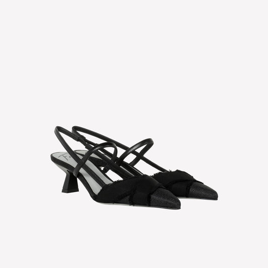 SLINGBACK IN RAFFIA NERA CON INCROCIO SFRANGIATO IXIA - NO DISCOUNT | Roberto Festa