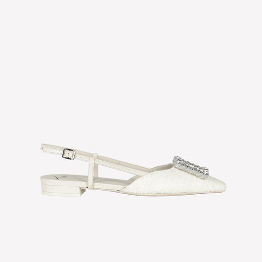 CREAM TWEED SLINGBACK WITH CRYSTAL BUCKLE LAVANDA - Bianco | Roberto Festa