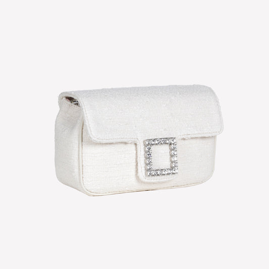 CREAM TWEED SHOULDER FLAP BAG WITH CRYSTALS ACCESSORY LUNETTE - Bianco | Roberto Festa