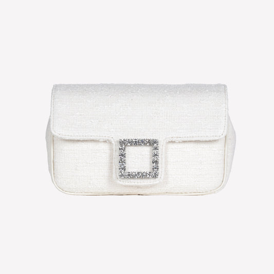 CREAM TWEED SHOULDER FLAP BAG WITH CRYSTALS ACCESSORY LUNETTE - Spring Summer Preview | Roberto Festa