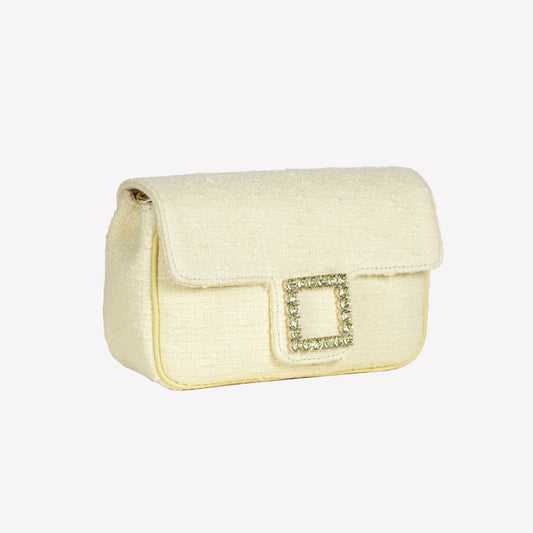 MIMOSA COLOR TWEED SHOULDER BAG WITH CRYSTAL ACCESSORY LUNETTE - Giallo | Roberto Festa