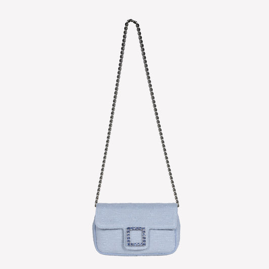 LIGHT BLUE TWEED SHOULDER FLAP BAG WITH CRYSTAL BEZELS ACCESSORY LUNETTE - Celeste | Roberto Festa