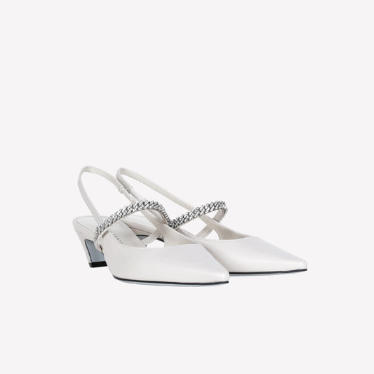 WHITE NAPPA LEATHER SLINGBACK WITH CRYSTAL CHAIN MALLORY - Spring Summer Preview | Roberto Festa