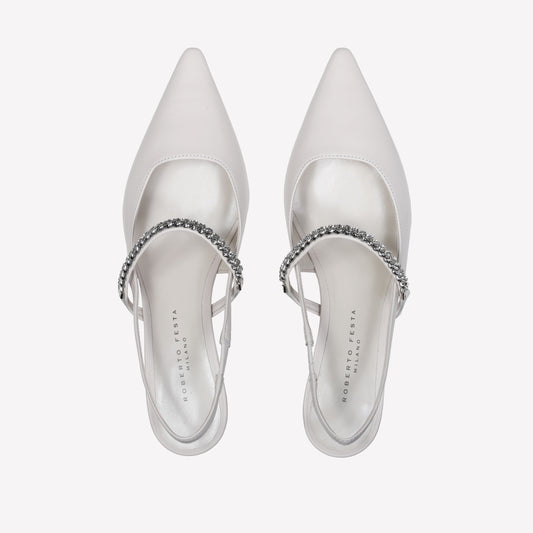 WHITE NAPPA LEATHER SLINGBACK WITH CRYSTAL CHAIN MALLORY - Bianco | Roberto Festa