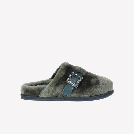 FOREST SHEEPSKIN MULES WITH CRYSTAL BUCKLE MARCUS - Women's Mules and Slides | Roberto Festa