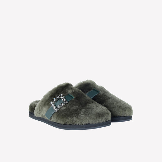 FOREST SHEEPSKIN MULES WITH CRYSTAL BUCKLE MARCUS - Women's Mules and Slides | Roberto Festa