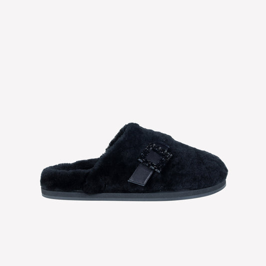 BLACK SHEEPSKIN MULES WITH CRYSTAL BUCKLE MARCUS - Women's Mules and Slides | Roberto Festa