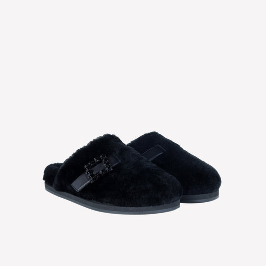 BLACK SHEEPSKIN MULES WITH CRYSTAL BUCKLE MARCUS - Women's Mules and Slides | Roberto Festa