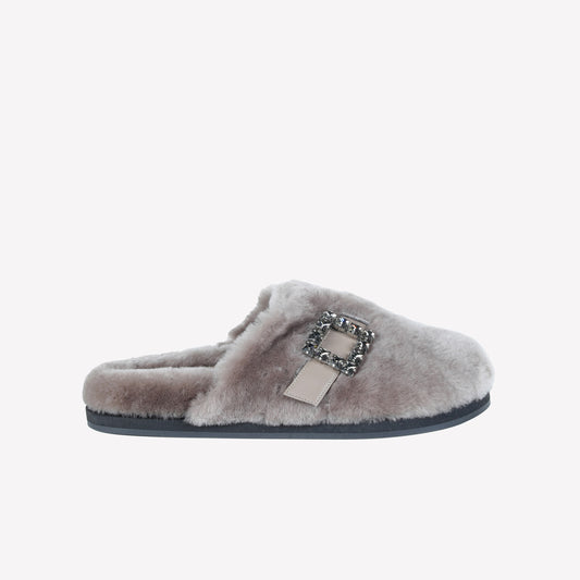 NUTRIA SHEEPSKIN MULES WITH CRYSTAL BUCKLE MARCUS - Women's Mules and Slides | Roberto Festa