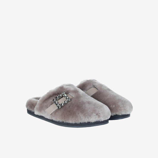 NUTRIA SHEEPSKIN MULES WITH CRYSTAL BUCKLE MARCUS - Women's Mules and Slides | Roberto Festa