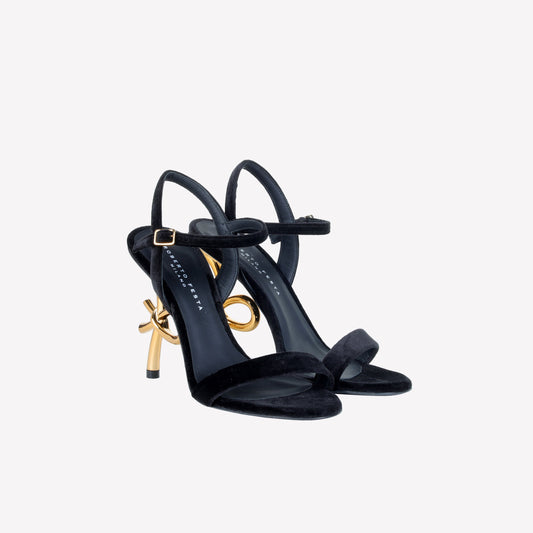 BLACK VELVET SANDAL WITH  LOGO SCULPTURE  HEEL META - Sandals | Roberto Festa