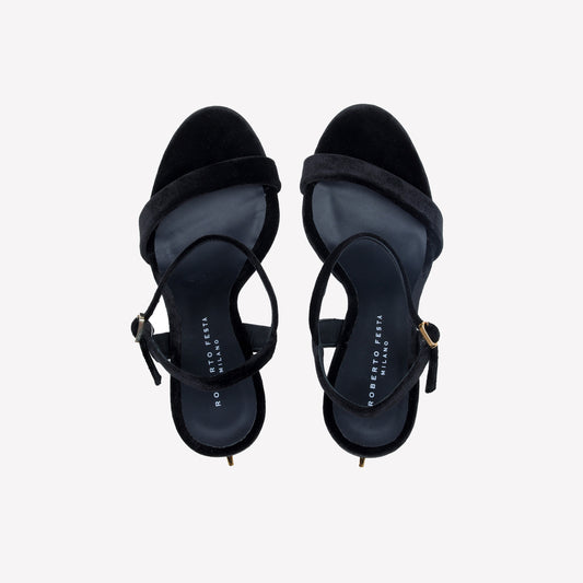 BLACK VELVET SANDAL WITH  LOGO SCULPTURE  HEEL META - Nero | Roberto Festa