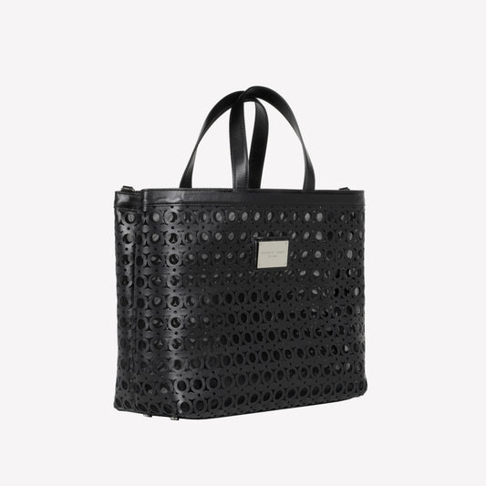 BLACK-COLORED LEATHER SHOULDER BAG WITH CUT-OUT WORK AND TULLE MIRTE - Nero | Roberto Festa