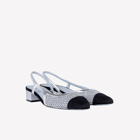 SILVER GLITTER MESH SLINGBACK WITH TULLE MESH NINFA - Grigio | Roberto Festa