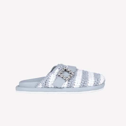 ICE WHITE TWO-TONE RAFFIA MULES WITH CRYSTAL BUCKLE PALMA - Spring Summer Preview | Roberto Festa