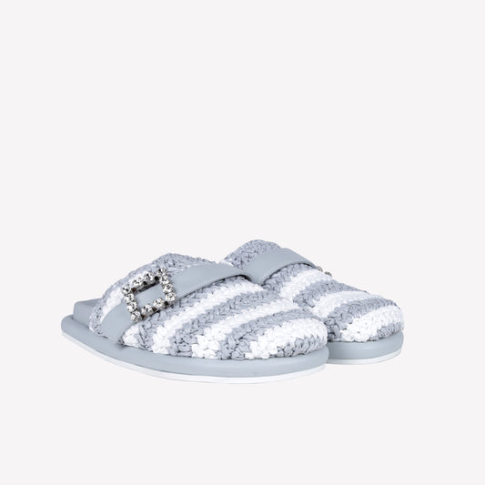 ICE WHITE TWO-TONE RAFFIA MULES WITH CRYSTAL BUCKLE PALMA - Spring Summer Preview | Roberto Festa