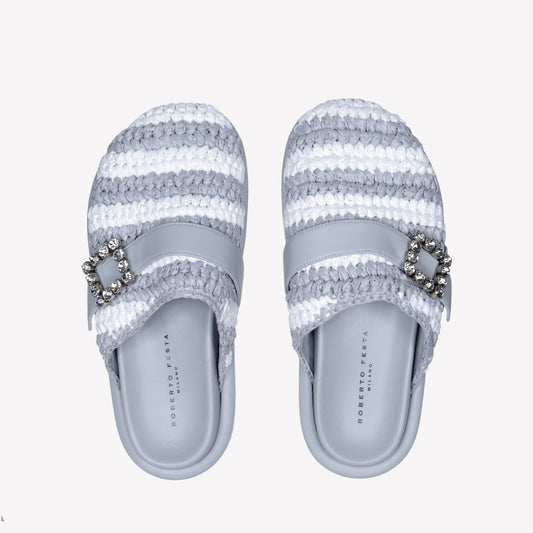 ICE WHITE TWO-TONE RAFFIA MULES WITH CRYSTAL BUCKLE PALMA - Bianco_grigio | Roberto Festa