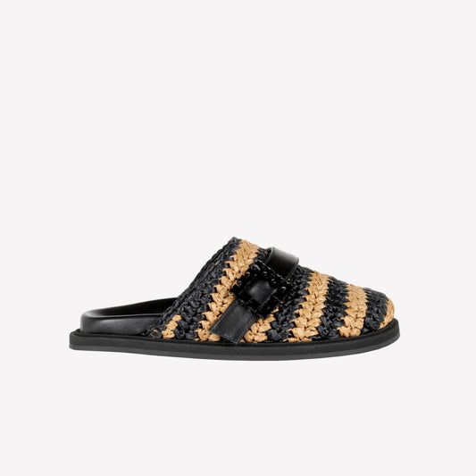 CARAMEL BLACK TWO-TONE RAFFIA MULES WITH CRYSTAL BUCKLE PALMA - Spring Summer Preview | Roberto Festa