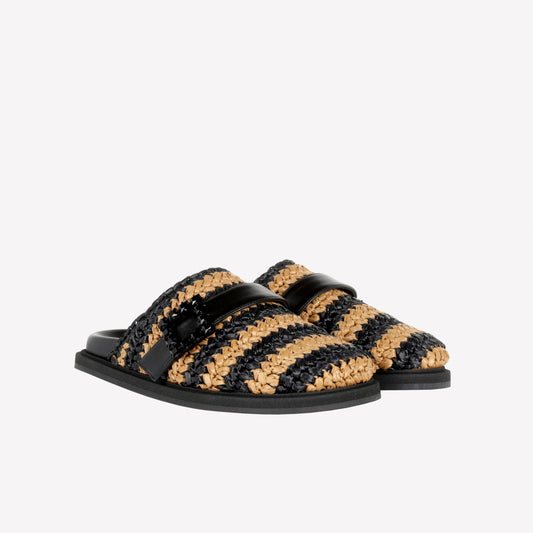 CARAMEL BLACK TWO-TONE RAFFIA MULES WITH CRYSTAL BUCKLE PALMA - nero_marrone | Roberto Festa