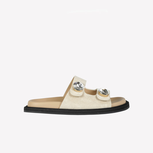 BISCUIT-COLORED SUEDE SANDAL WITH DOUBLE BAND AND RHINESTONE BUTTONS PAROS - Beige | Roberto Festa