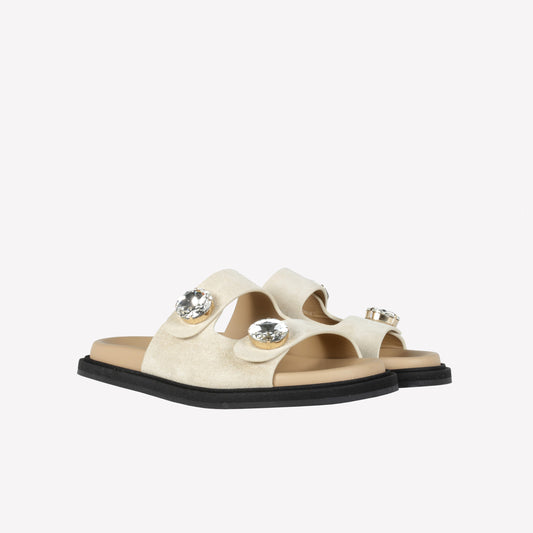 BISCUIT-COLORED SUEDE SANDAL WITH DOUBLE BAND AND RHINESTONE BUTTONS PAROS - Beige | Roberto Festa