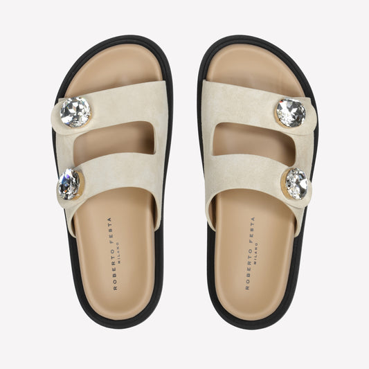 BISCUIT-COLORED SUEDE SANDAL WITH DOUBLE BAND AND RHINESTONE BUTTONS PAROS - Marrone | Roberto Festa