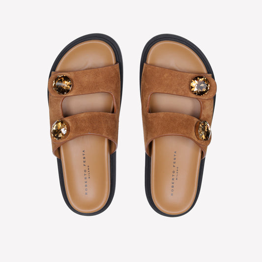 BROWN-COLORED SUEDE SANDAL WITH DOUBLE STRAP AND RHINESTONE BUTTONS PAROS - Marrone | Roberto Festa