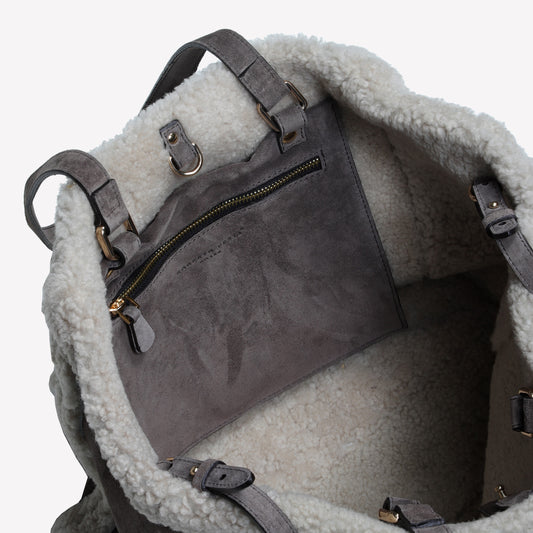 BORSA SHOPPING IN CAMOSCIO LIGHT FANGO CON RIPORTI IN MONTONE TAUPE RAISSA - Grigio | Roberto Festa