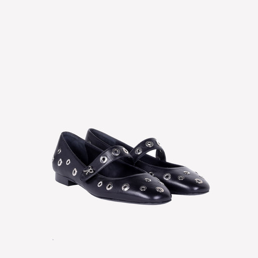 NAPPA LEATHER BALLERINA WITH EYELET STUDS AND STRAP ON INSTEP ROCK - Women&#39;s Shoes: Elegant Footwear | Official Site