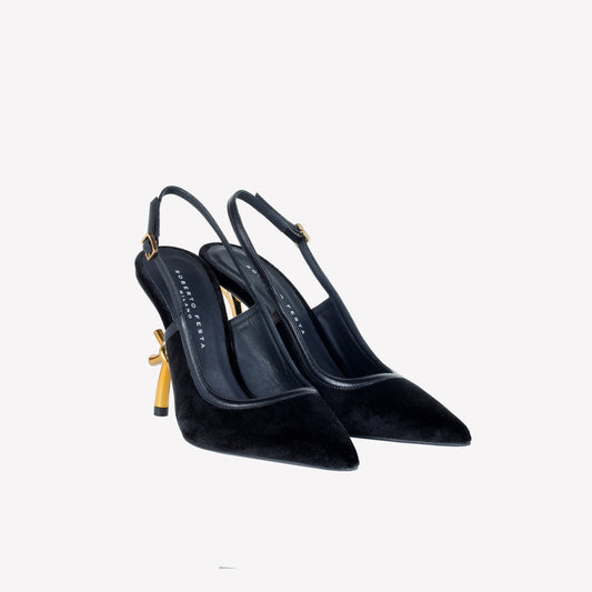  VELVET SLINGBACK WITH LOGO SCULPTURE HEEL SANDY - Nero | Roberto Festa