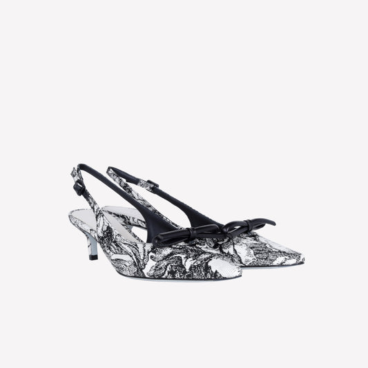 JACQUARD FABRIC SLINGBACK SENYA - Bianco_Nero | Roberto Festa