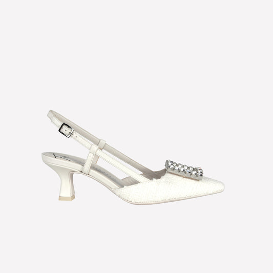 SLINGBACK IN TWEED CREAM CON FIBBIA DI CRISTALLI STEFI - Bianco | Roberto Festa