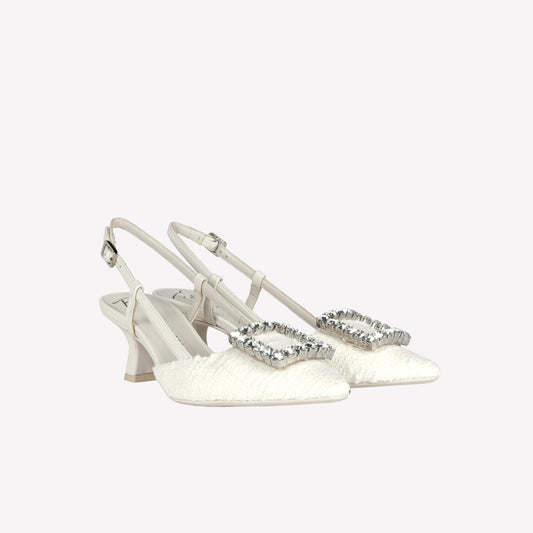 CREAM TWEED SLINGBACK WITH CRYSTAL BUCKLE STEFI - NO DISCOUNT | Roberto Festa