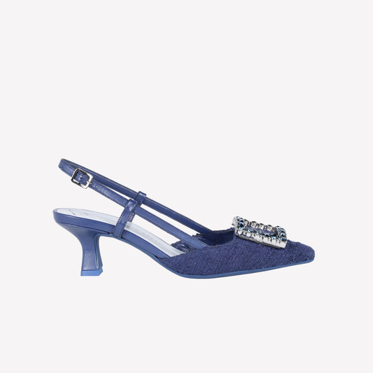 SLINGBACK IN TWEED NAVY CON FIBBIA DI CRISTALLI STEFI - Blu | Roberto Festa