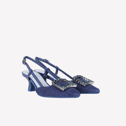 NAVY TWEED SLINGBACK WITH CRYSTAL BUCKLE STEFI - NO DISCOUNT | Roberto Festa