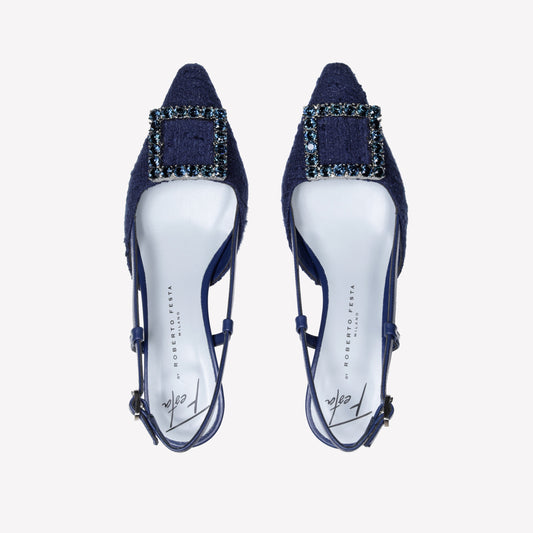 NAVY TWEED SLINGBACK WITH CRYSTAL BUCKLE STEFI - Blu | Roberto Festa