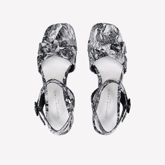 JACQUARD FABRIC SANDAL WITH CROSSOVER TELLA - Bianco_nero | Roberto Festa