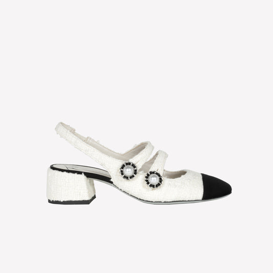 CREAM TWEED SLINGBACK WITH BLACK TIP AND DOUBLE STRAP TIGLIO - Spring Summer Preview | Roberto Festa