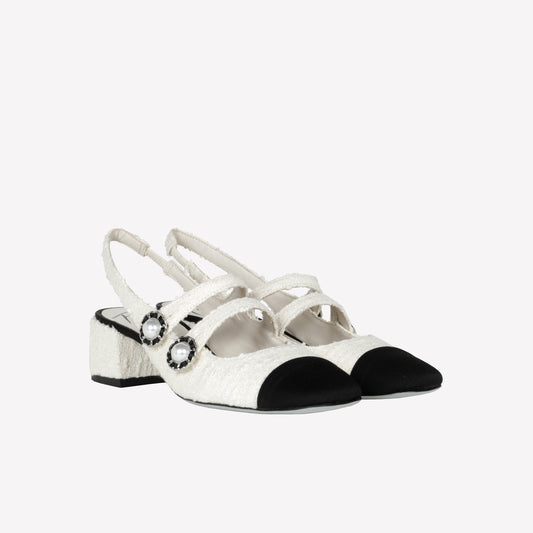 CREAM TWEED SLINGBACK WITH BLACK TIP AND DOUBLE STRAP TIGLIO - Bianco | Roberto Festa