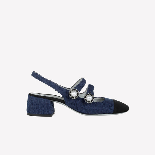 SLINGBACK IN TWEED NAVY  CON PUNTINA NERA E DOPPIO CINTURINO TIGLIO - Blu | Roberto Festa