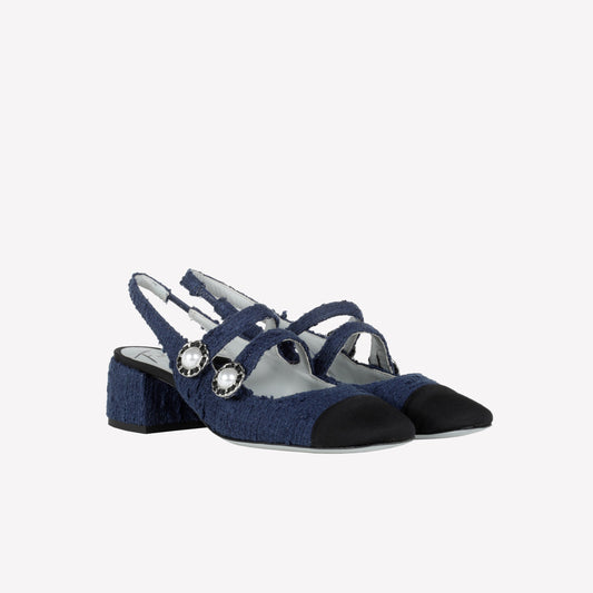 NAVY TWEED SLINGBACK WITH BLACK TIP AND DOUBLE STRAP TIGLIO - Blu | Roberto Festa