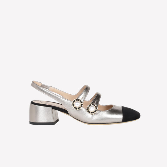 LAMINATED LEATHER SLINGBACK WITH BLACK TIP AND DOUBLE STRAP TIGLIO - Oro | Roberto Festa