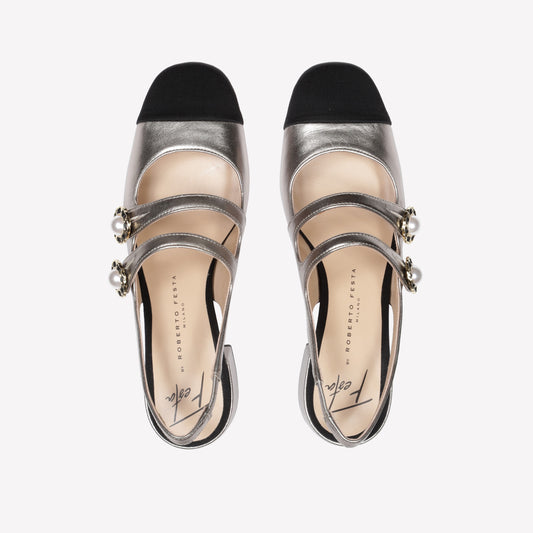 LAMINATED LEATHER SLINGBACK WITH BLACK TIP AND DOUBLE STRAP TIGLIO - Oro | Roberto Festa