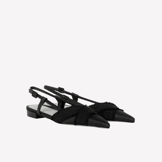 SLINGBACK IN RAFFIA E PELLE NERA CON DUE FASCE SULLO SCOLLO VERBENA - Nero | Roberto Festa