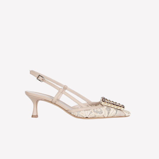 BEIGE MACRAME AND TULLE SLINGBACK WITH CRYSTAL BUCKLE VITTORIA - Spring Summer Preview | Roberto Festa