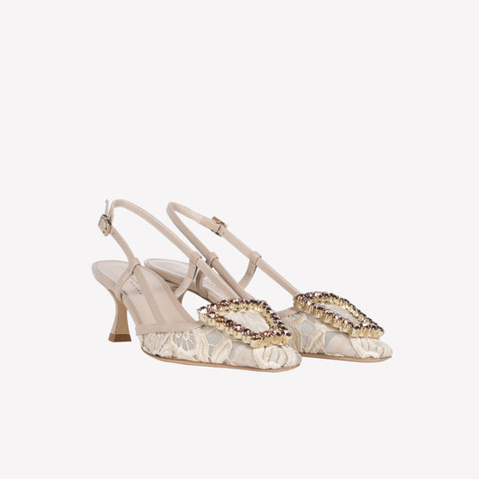 BEIGE MACRAME AND TULLE SLINGBACK WITH CRYSTAL BUCKLE VITTORIA - NO DISCOUNT | Roberto Festa