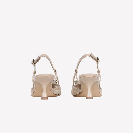 SLINGBACK IN MACRAME' E TULLE BEIGE CON FIBBIA CRISTALLO VITTORIA - Beige | Roberto Festa