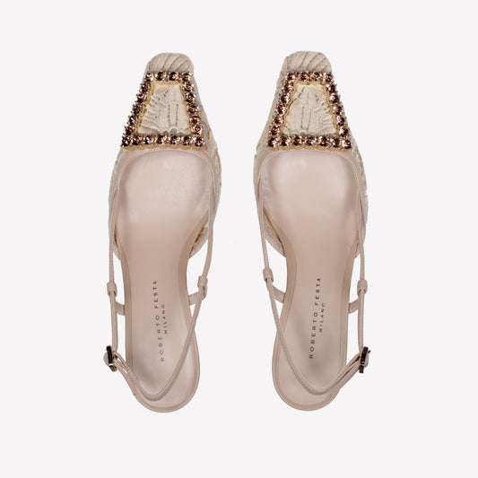 BEIGE MACRAME AND TULLE SLINGBACK WITH CRYSTAL BUCKLE VITTORIA - Beige | Roberto Festa